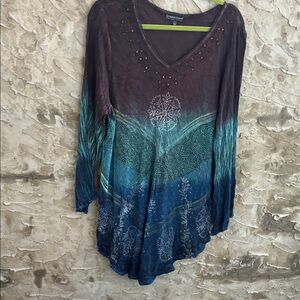 Greater Good Hippy Boho Blue and Brown V-Neck Tunic Top Size 1X/2X NWOT